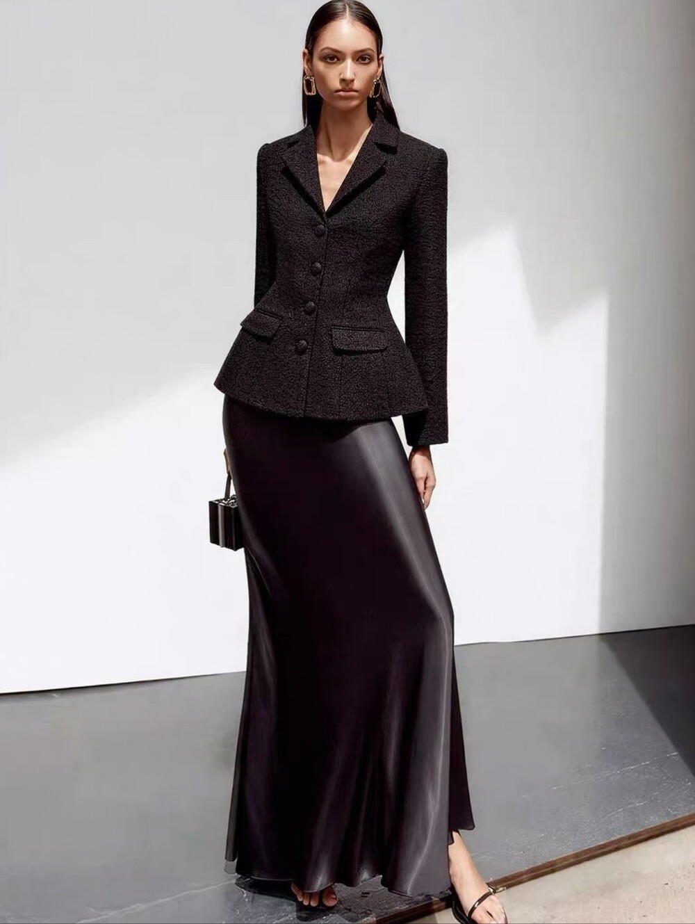 self-portrait Black Tailored Boucle Maxi Dress